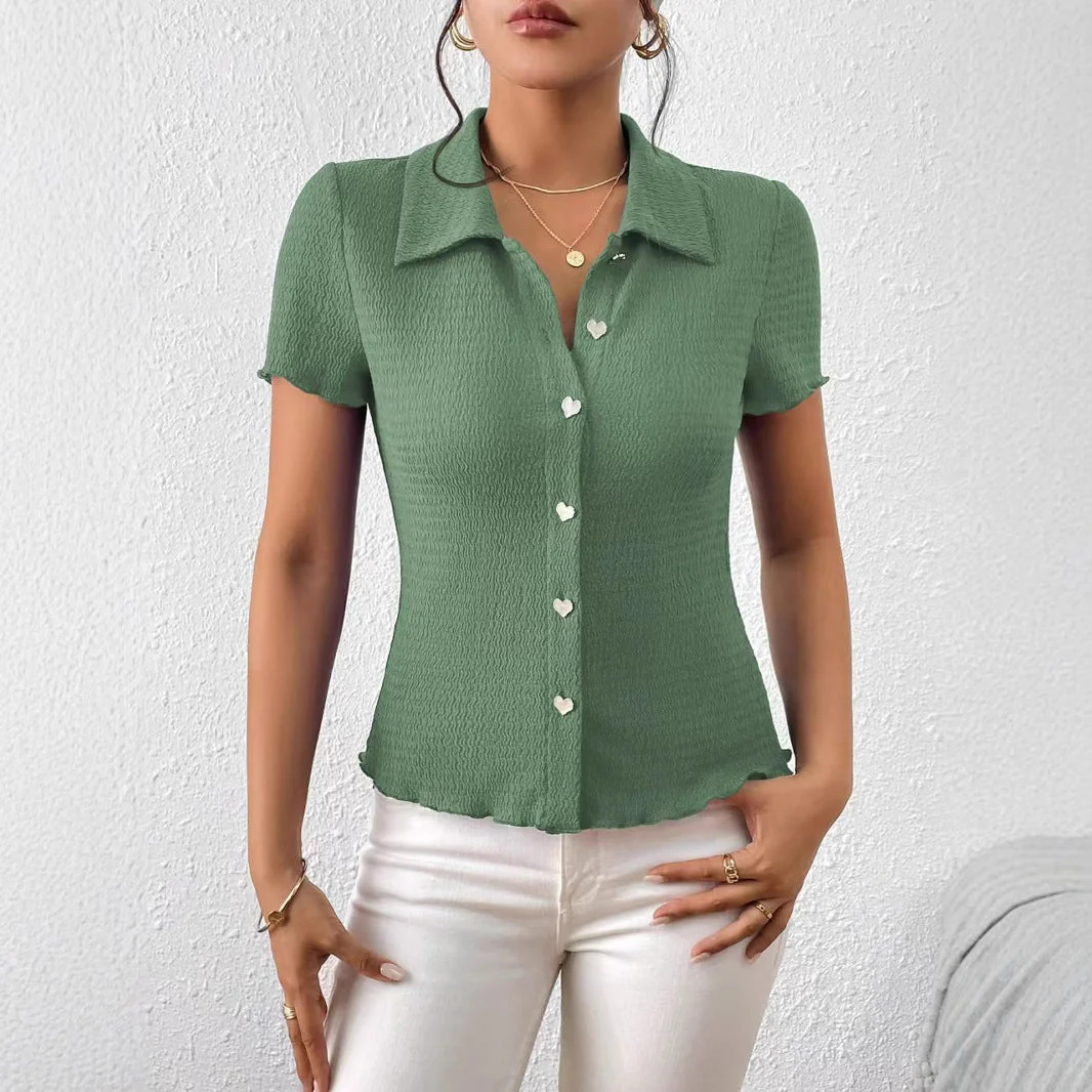 Damen Kurzarmbluse mit Strukturiertem Design und Herzförmigen Knöpfen Heidi-Mode - Image 2