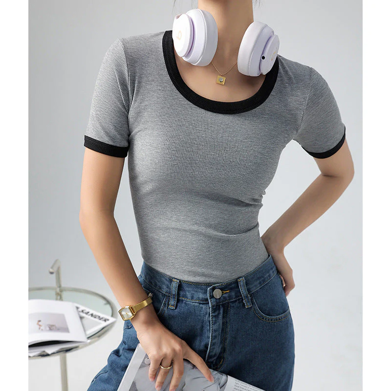 Damen Kurzärmliges Shirt mit Geometrischem Rippdesign und Kontrastdetails Heidi-Mode - Image 2
