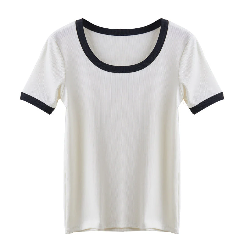 Damen Kurzärmliges Shirt mit Geometrischem Rippdesign und Kontrastdetails Heidi-Mode - Image 4