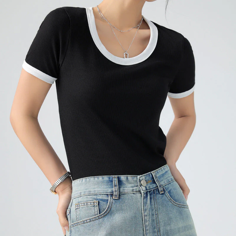 Damen Kurzärmliges Shirt mit Geometrischem Rippdesign und Kontrastdetails Heidi-Mode - Image 5