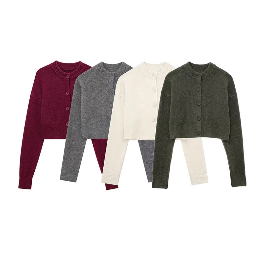 Damen Kurze Strickjacke mit Knopfleiste und Elegantem Rundhalsausschnitt Heidi-Mode