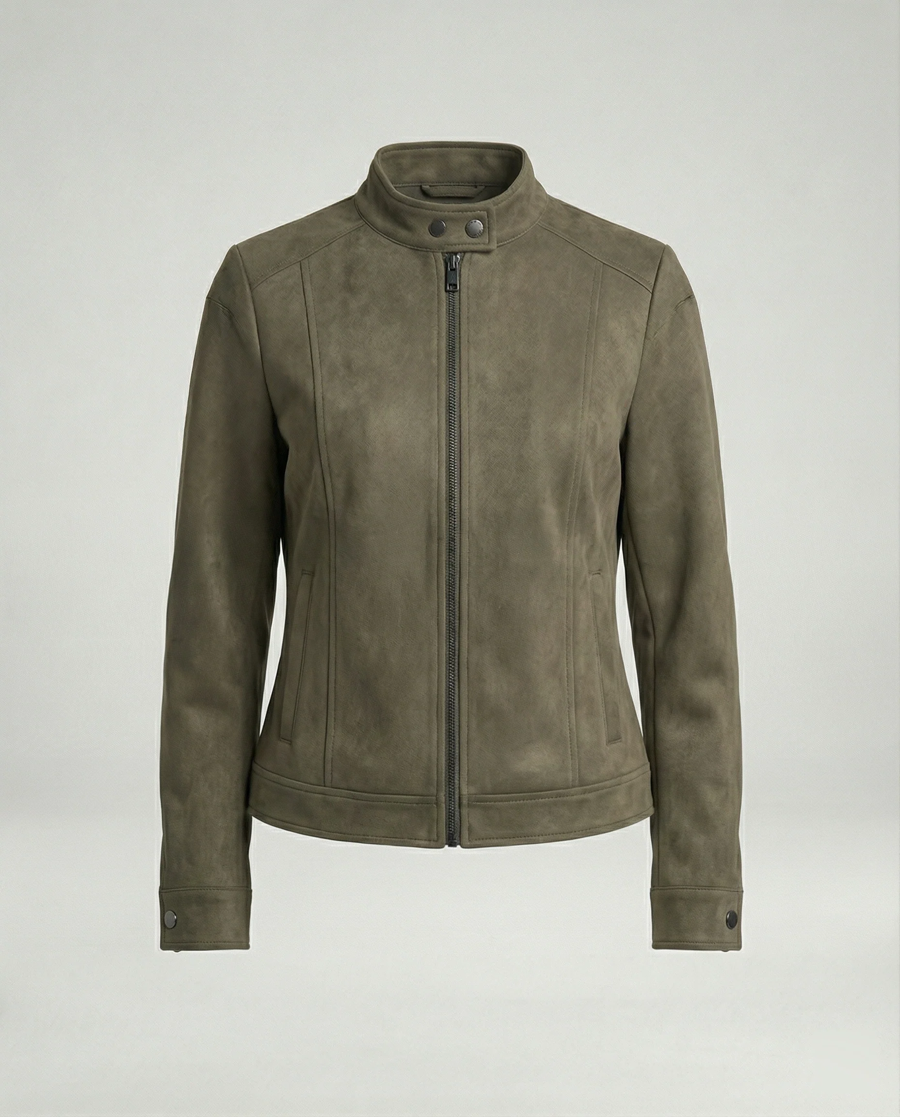 Damen kurze Velourslederjacke mit markanten Teilungsnähten hohem Stehkragen und Zweiwege-Reißverschluss Heidi-Mode - Image 5