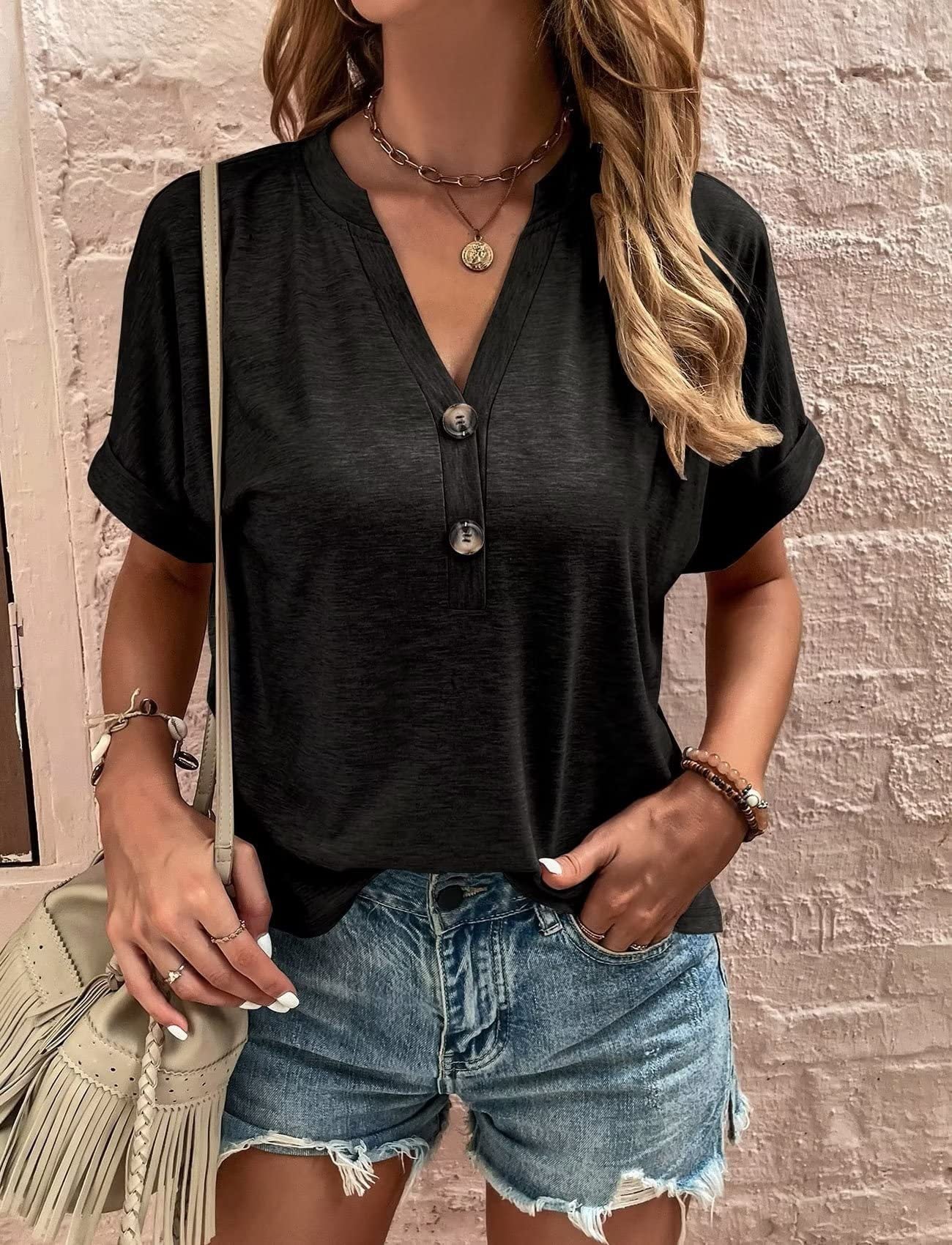 Damen Kurzes T-Shirt mit Knopfleiste und Lässigem Schnitt Heidi-Mode - Image 9