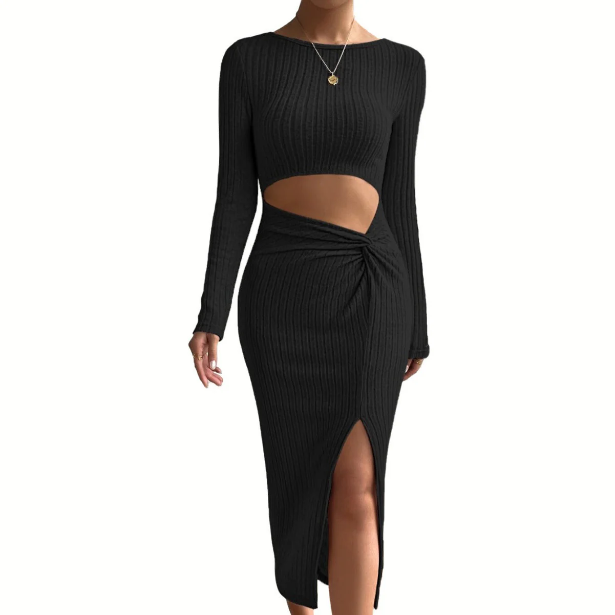 Damen Langarm Kleid mit Cut-Out-Details und Innovativem Wickeldesign Heidi-Mode - Image 5