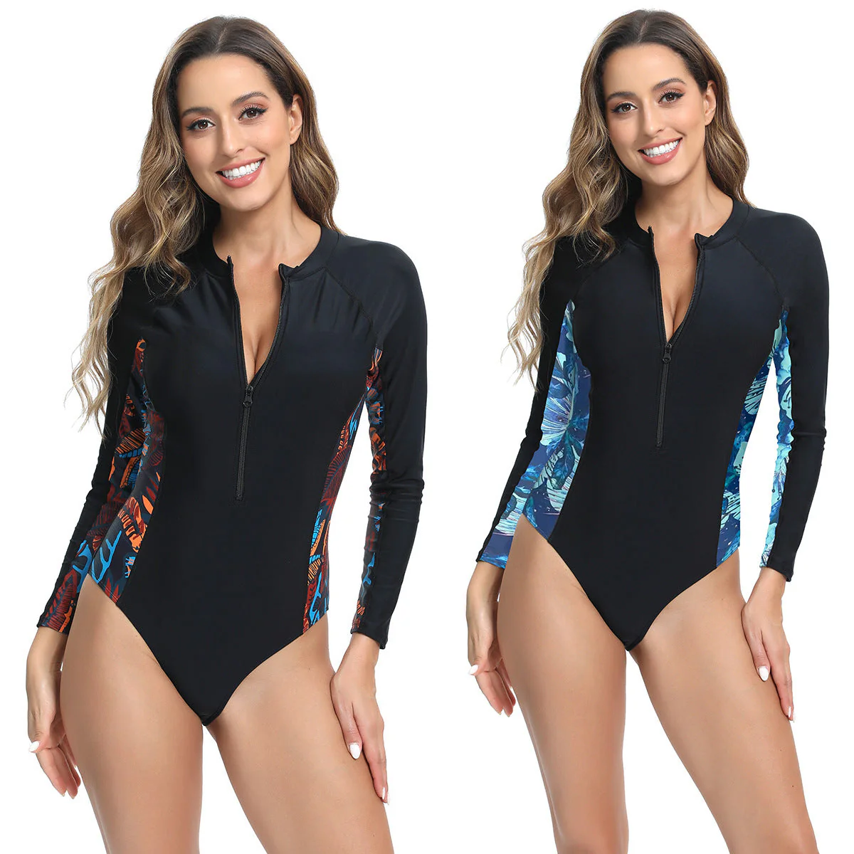 Heidi-Mode | Damen Langärmeliger Surfanzug mit Sportlichem Reißverschluss und Trendigem Mustermix