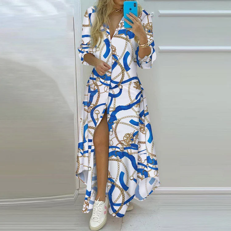 Damen Langarmhemdmaxikleid mit Grafischem Muster und Seitlichem Schlitz Heidi-Mode - Image 3