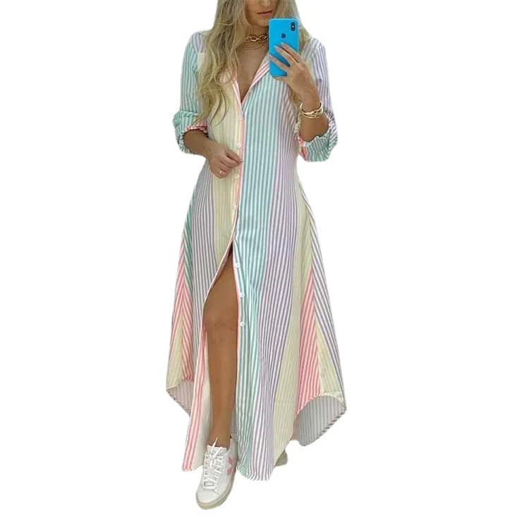 Damen Langarmhemdmaxikleid mit Grafischem Muster und Seitlichem Schlitz Heidi-Mode - Image 5