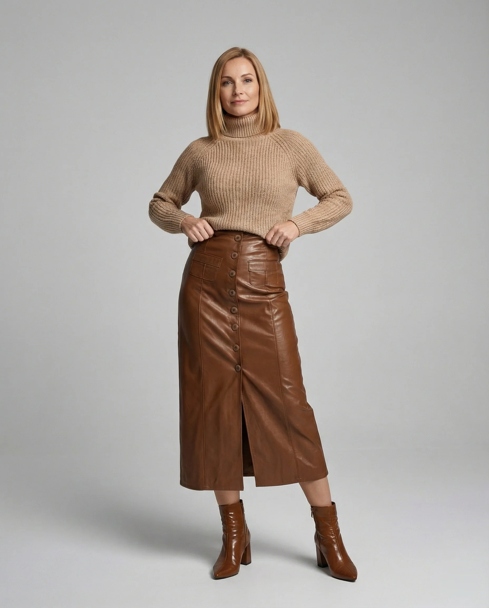 Damen langer Lederrock mit Knopfleiste - Image 2