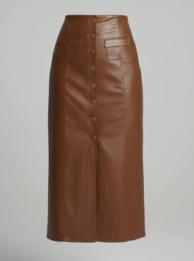 Damen langer Lederrock mit Knopfleiste - Image 5