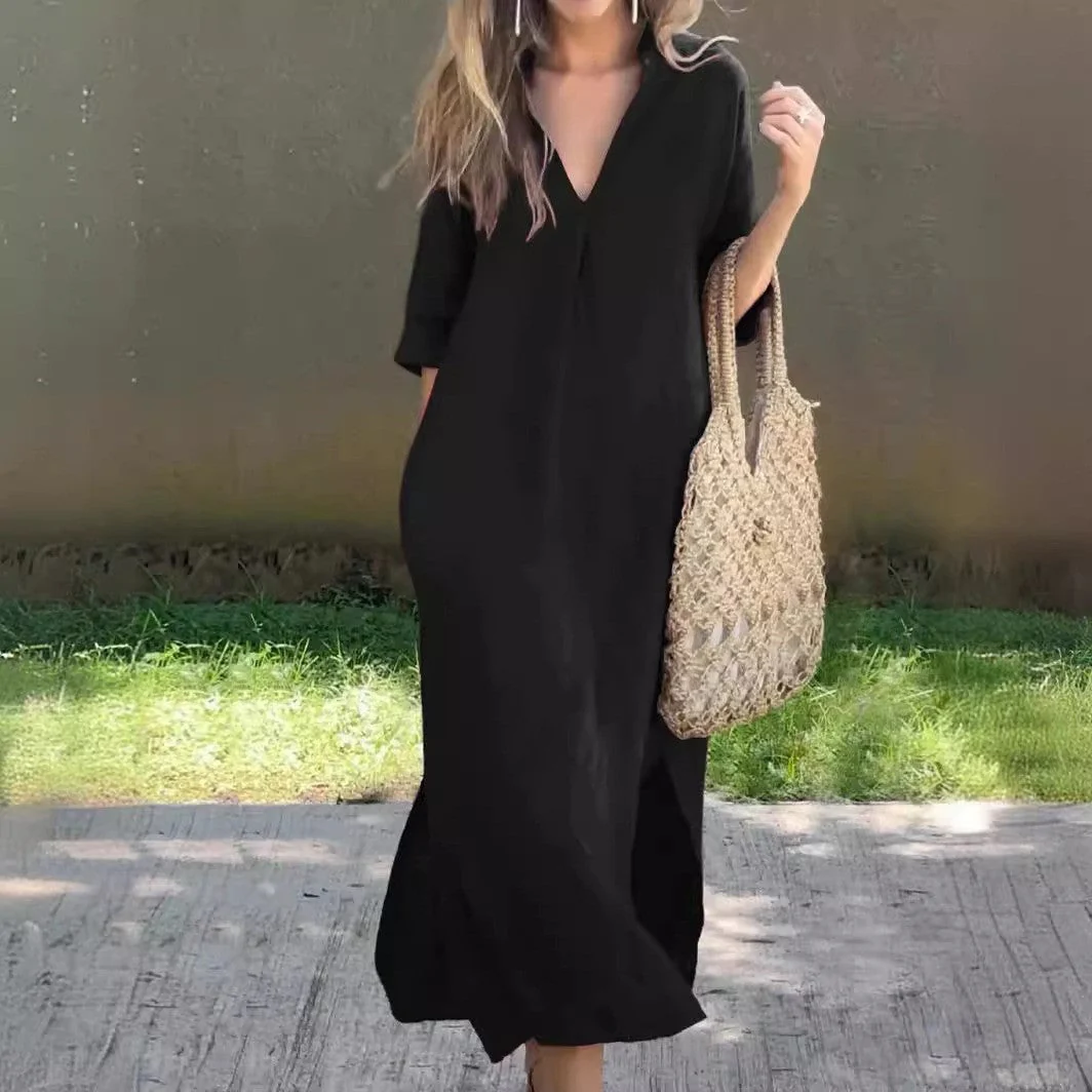 Damen Langes Leinenkleid mit V-Ausschnitt und Seitlichen Schlitzen Heidi-Mode - Image 10
