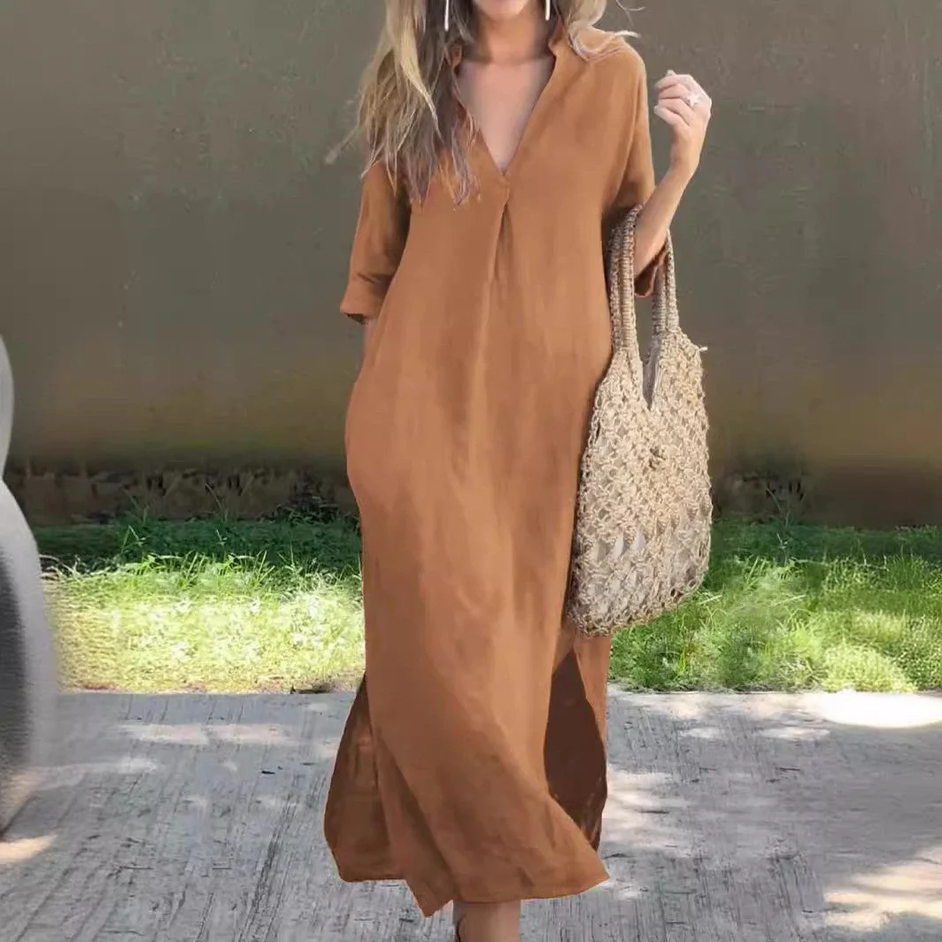 Damen Langes Leinenkleid mit V-Ausschnitt und Seitlichen Schlitzen Heidi-Mode - Image 2