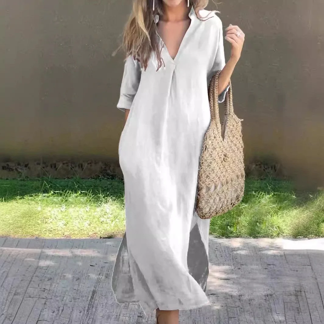 Damen Langes Leinenkleid mit V-Ausschnitt und Seitlichen Schlitzen Heidi-Mode - Image 6