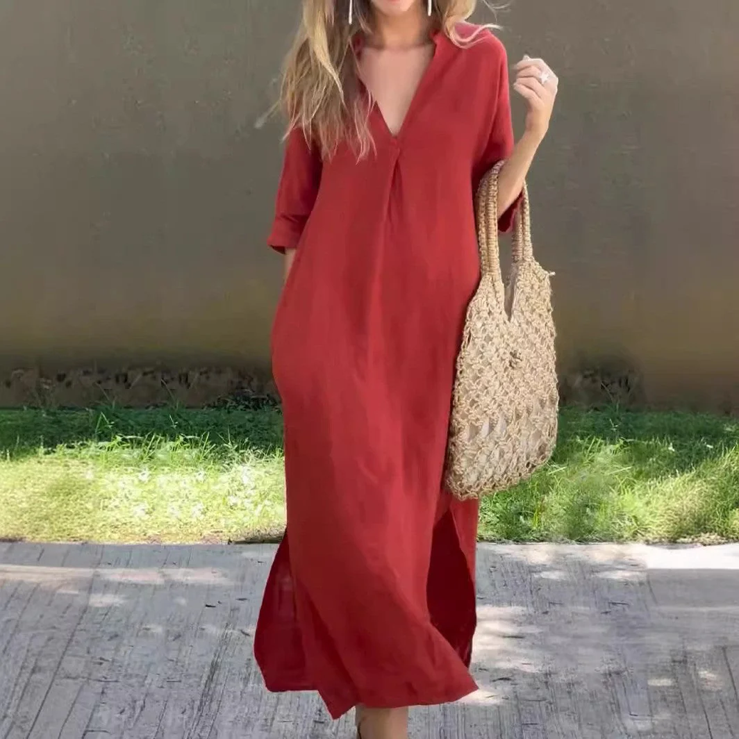 Damen Langes Leinenkleid mit V-Ausschnitt und Seitlichen Schlitzen Heidi-Mode - Image 7