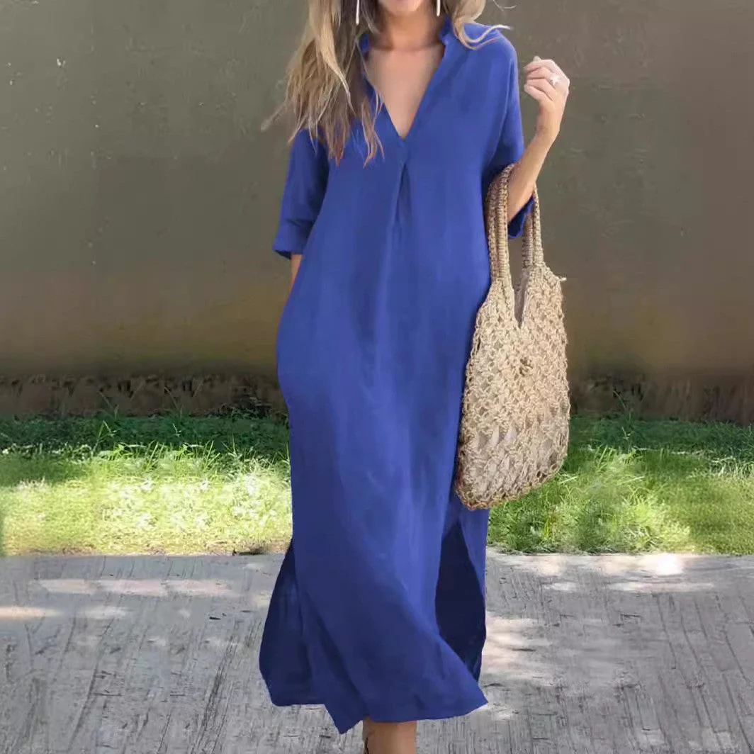 Damen Langes Leinenkleid mit V-Ausschnitt und Seitlichen Schlitzen Heidi-Mode - Image 9