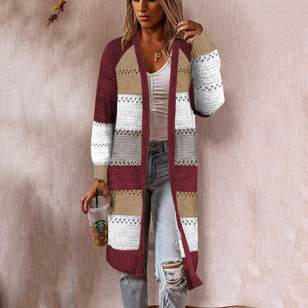 Damen Langstrickjacke mit modernem Streifenmuster und offenen Front Heidi-Mode - Image 4