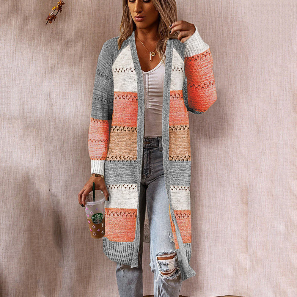 Damen Langstrickjacke mit modernem Streifenmuster und offenen Front Heidi-Mode - Image 5