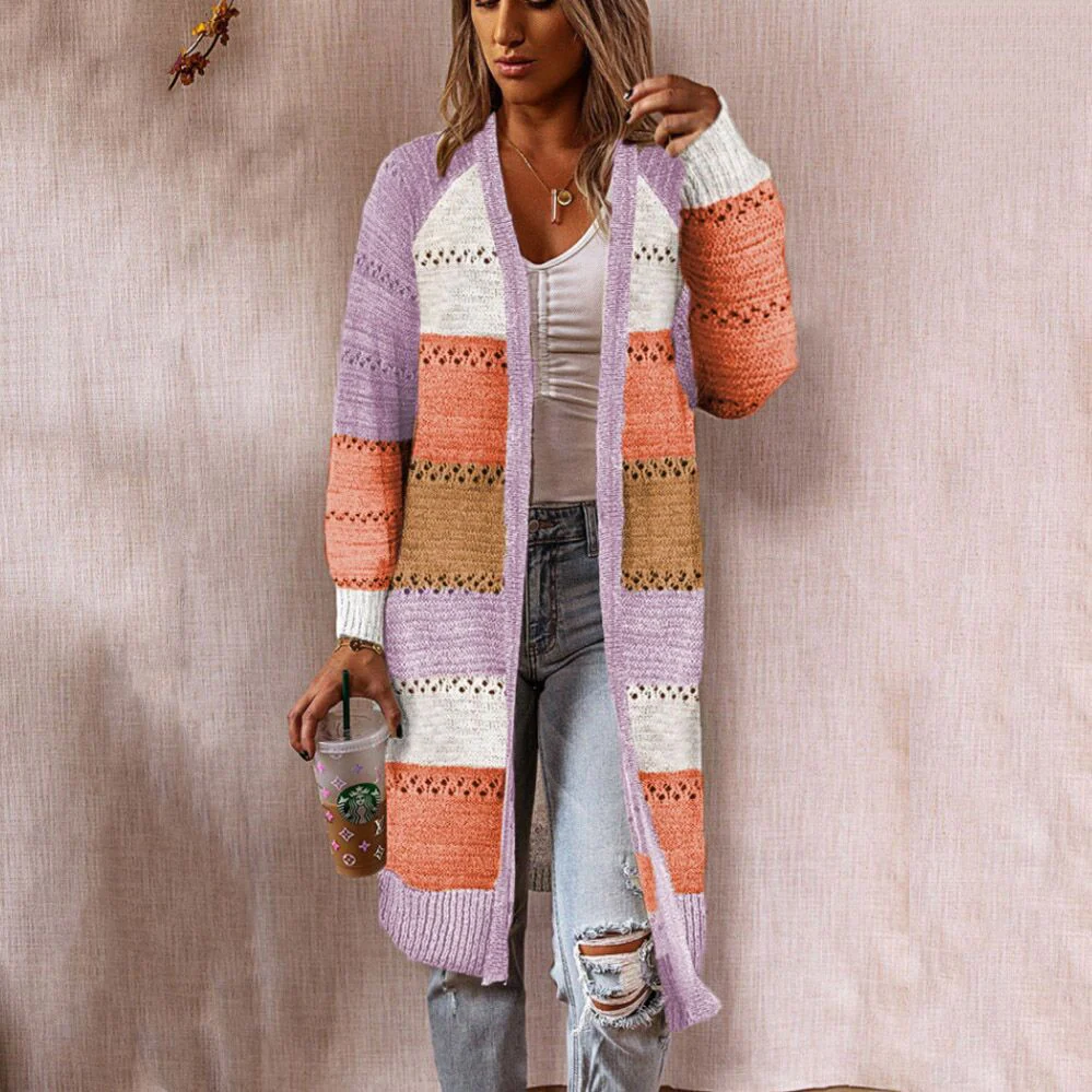 Damen Langstrickjacke mit modernem Streifenmuster und offenen Front Heidi-Mode - Image 6