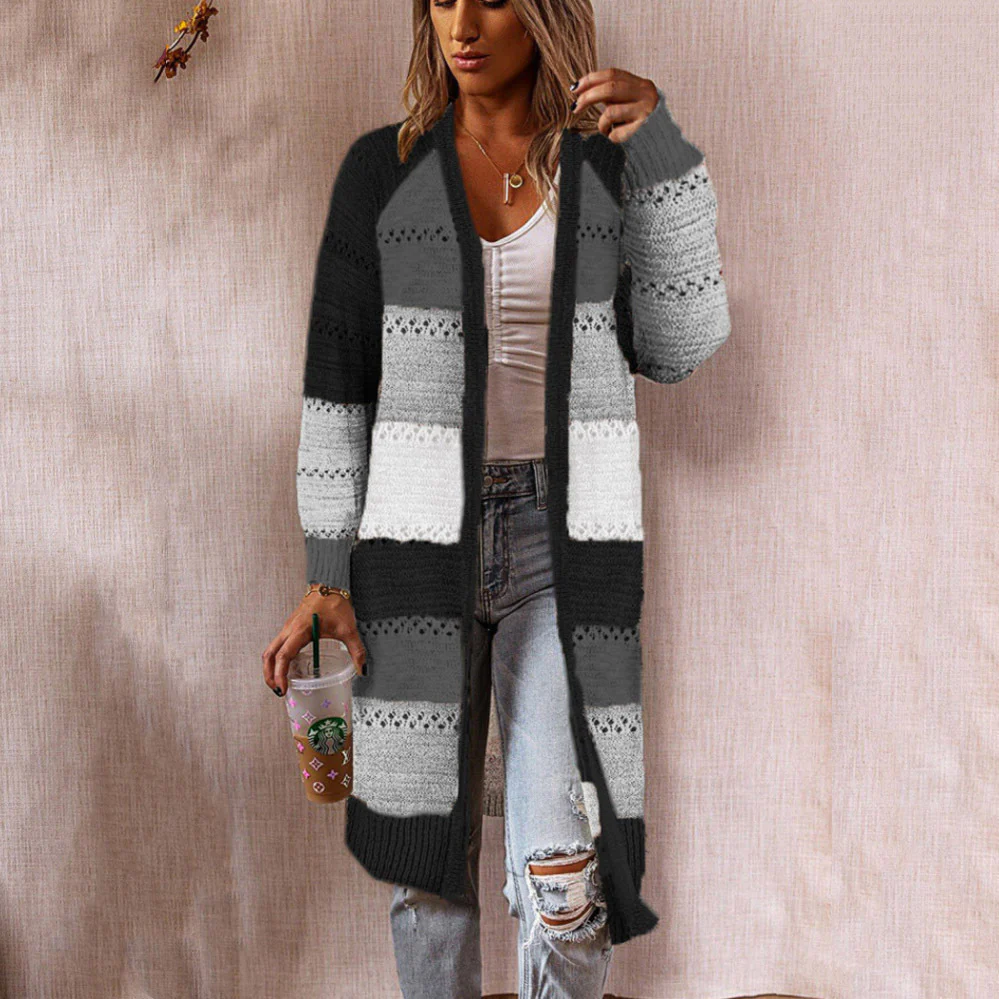 Damen Langstrickjacke mit modernem Streifenmuster und offenen Front Heidi-Mode - Image 9