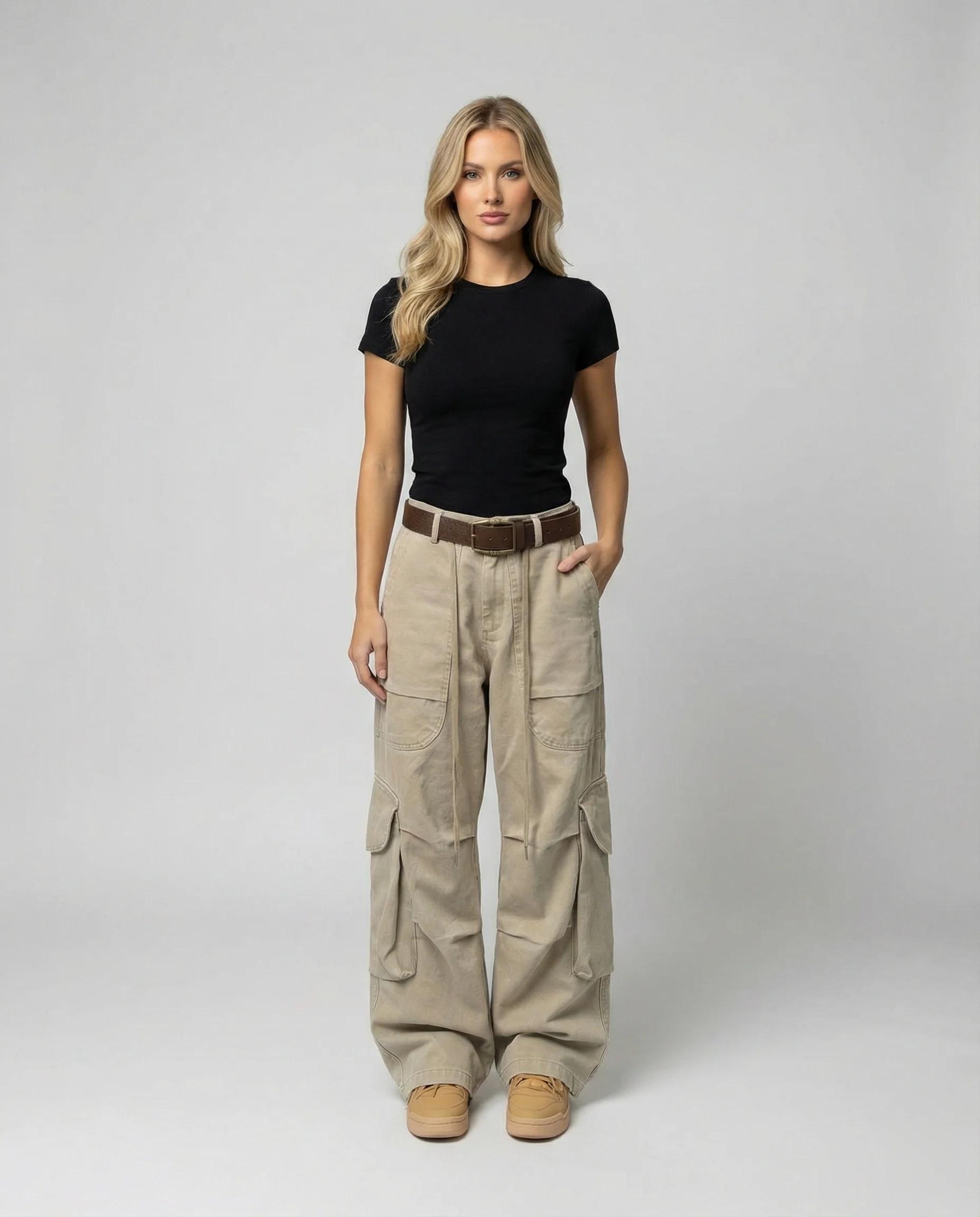 Damen lässig fallende Cargohose im Palazzoschnitt mit integrierter Bundverlängerung langen Kordeln und großzügigen Klappentaschen Heidi-Mode - Image 2
