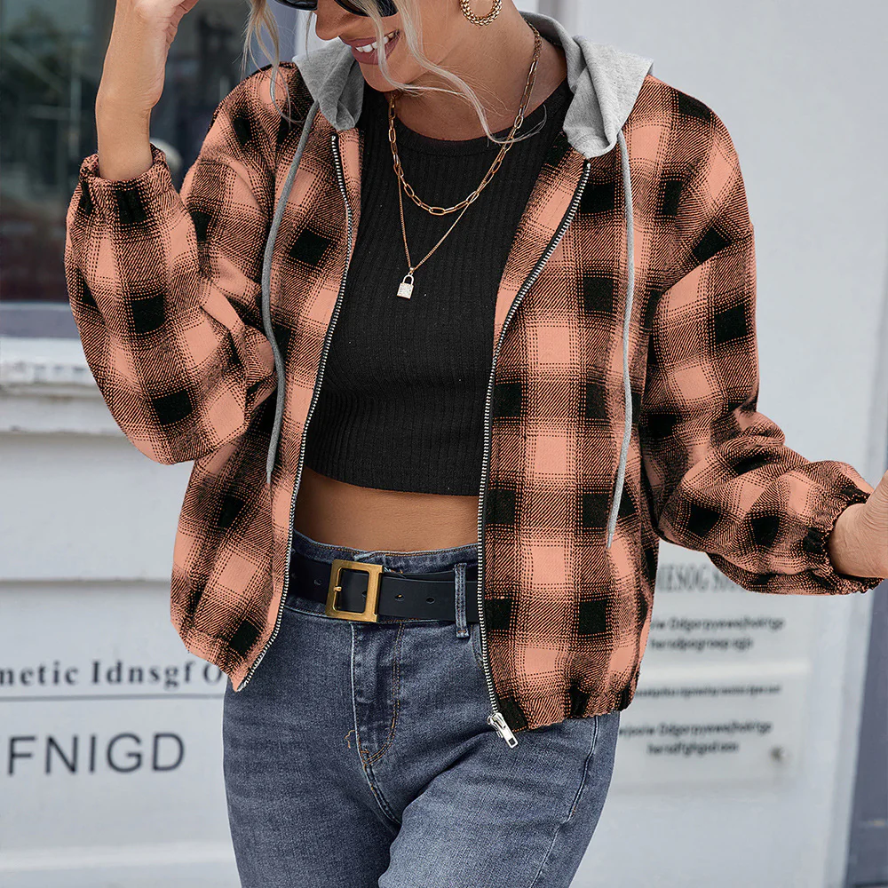 Damen lässige Baumwolljacke mit Karomuster und Kapuze Heidi-Mode - Image 7