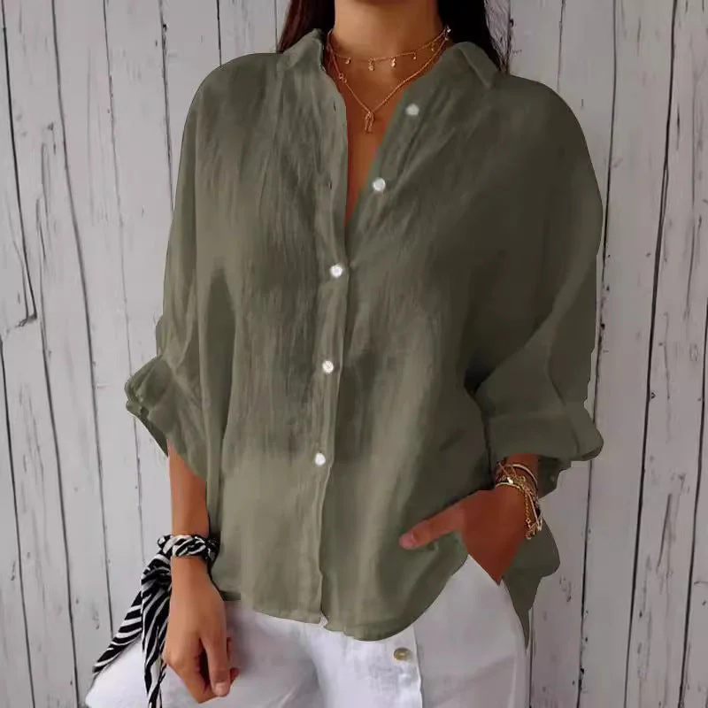 Damen Lässige Bluse Aus Leinen mit Knopfleiste und Seitlichen Taschen Heidi-Mode - Image 4