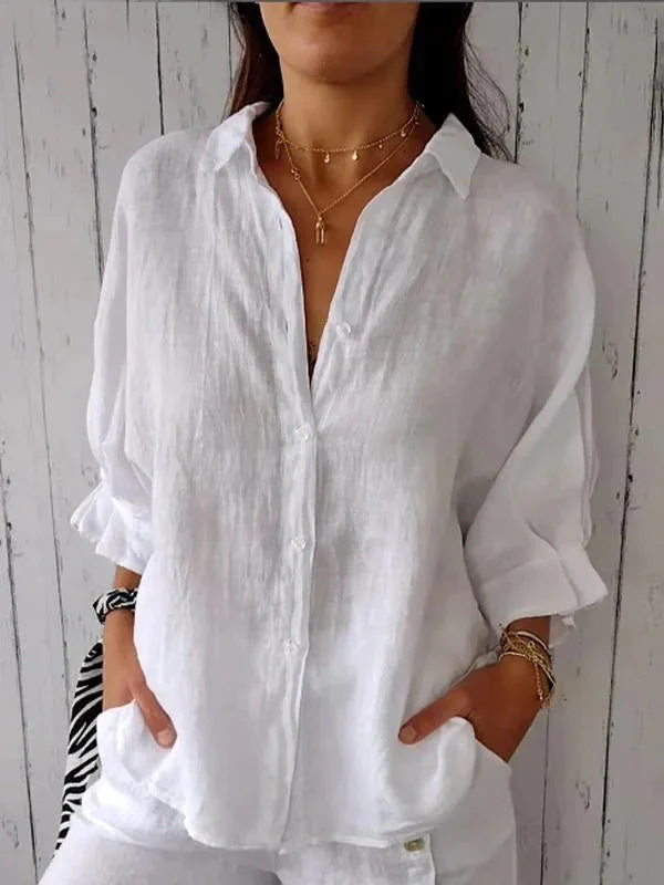 Damen Lässige Bluse Aus Leinen mit Knopfleiste und Seitlichen Taschen Heidi-Mode - Image 6