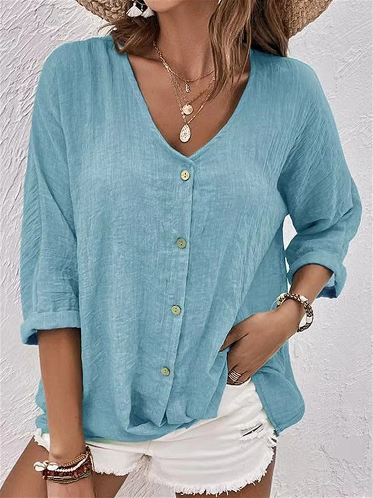 Damen Lässige Bluse mit Knopfleiste und V-Ausschnitt Heidi-Mode - Image 10