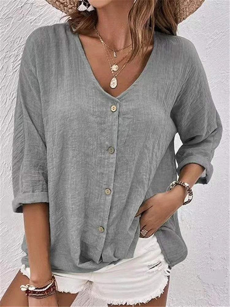 Damen Lässige Bluse mit Knopfleiste und V-Ausschnitt Heidi-Mode - Image 9