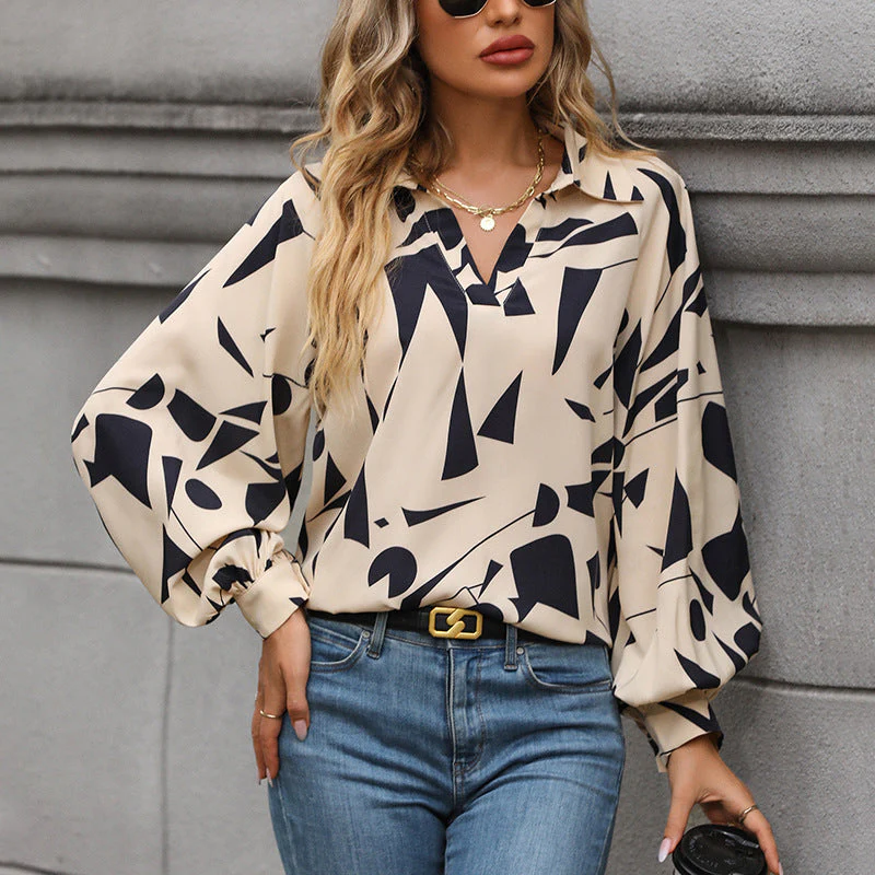 Damen Lässige Bluse mit Modernem Grafischem Druck und Voluminösen Ärmeln Heidi-Mode - Image 3