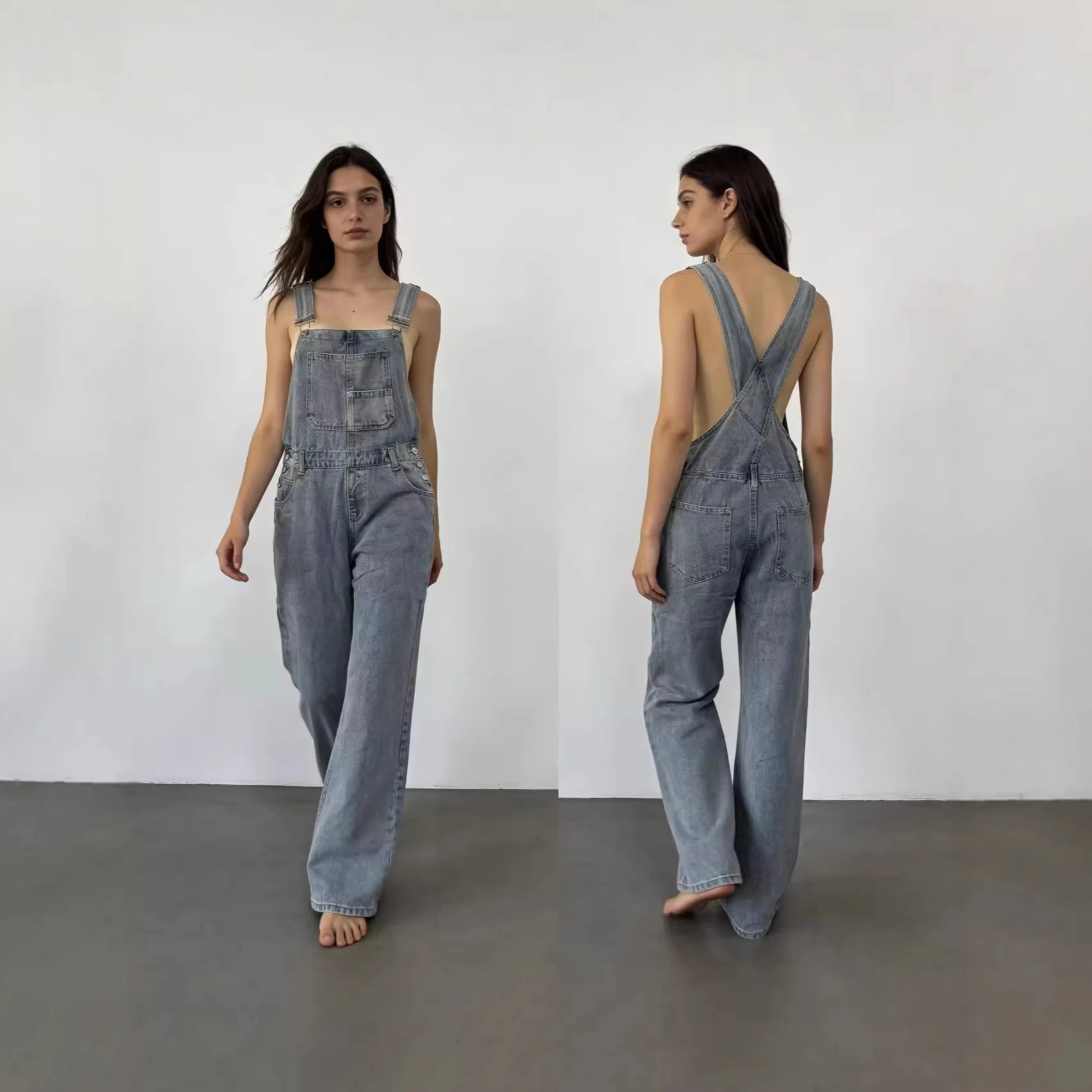 Damen Jeans Latzhose mit weitem Bein und tiefem Rückenausschnitt - Image 2