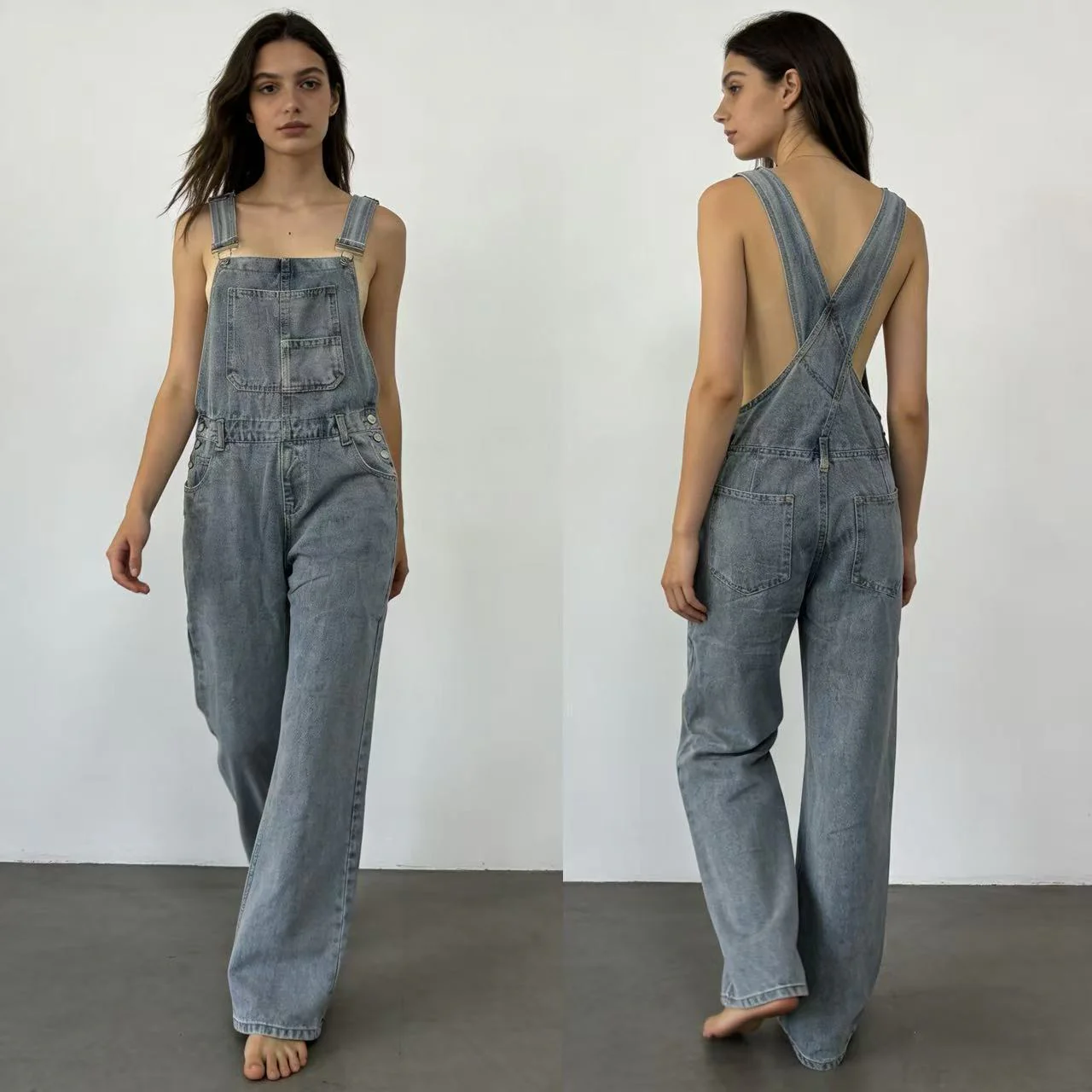 Damen Jeans Latzhose mit weitem Bein und tiefem Rückenausschnitt - Image 7