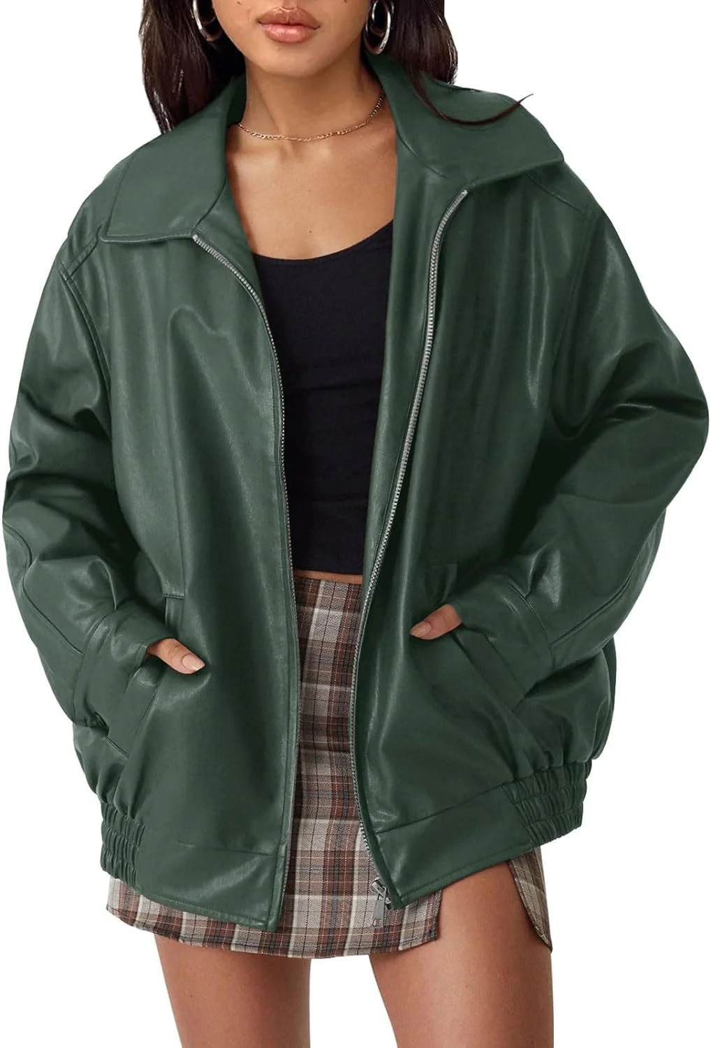 Damen Lässige Kunstlederjacke mit Weitem Schnitt und Praktischen Taschen Heidi-Mode