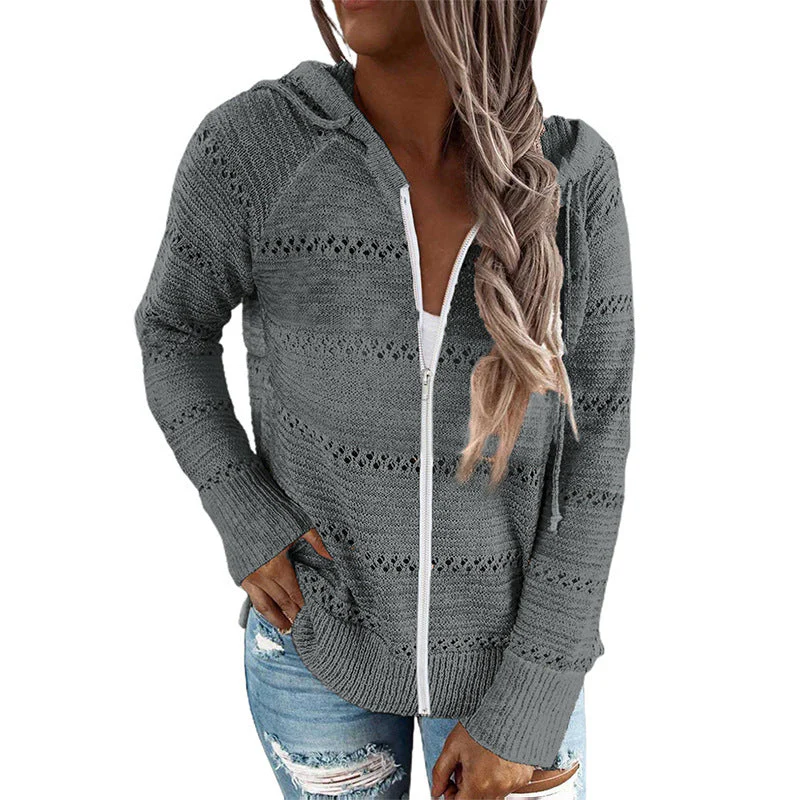 Damen Lässige Strickjacke mit Kapuze und Dekorativem Lochmuster Heidi-Mode - Image 11