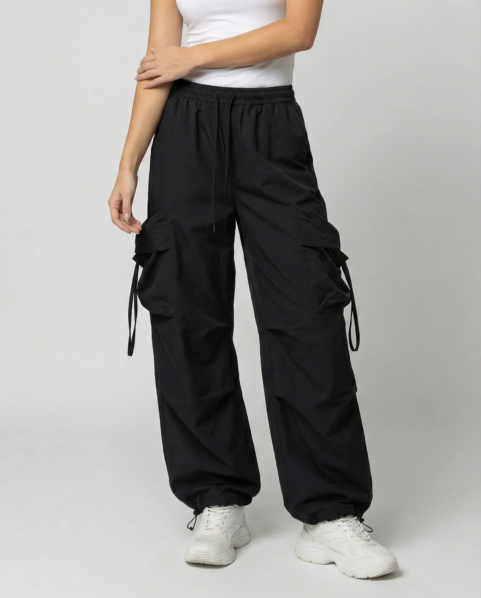 Damen lässige Utility-Palazzohose mit hohem Komfortbund, aufgesetzten Mehrfachtaschen und abgesteppten Kniefalten Heidi-Mode