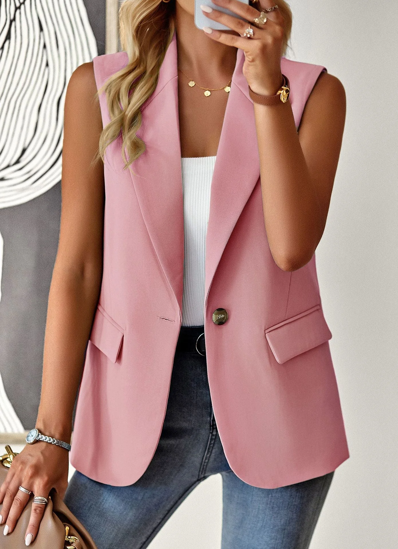 Damen Lässiger Blazer Ohne Ärmel mit Tailliertem Schnitt und Eleganten Taschen Heidi-Mode - Image 7