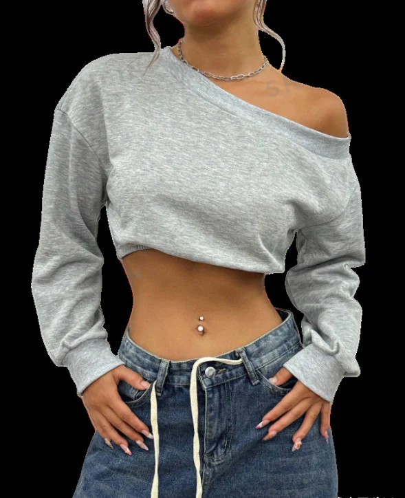 Damen Lässiger Cropped Pullover mit Asymmetrischem Ausschnitt Heidi-Mode - Image 2
