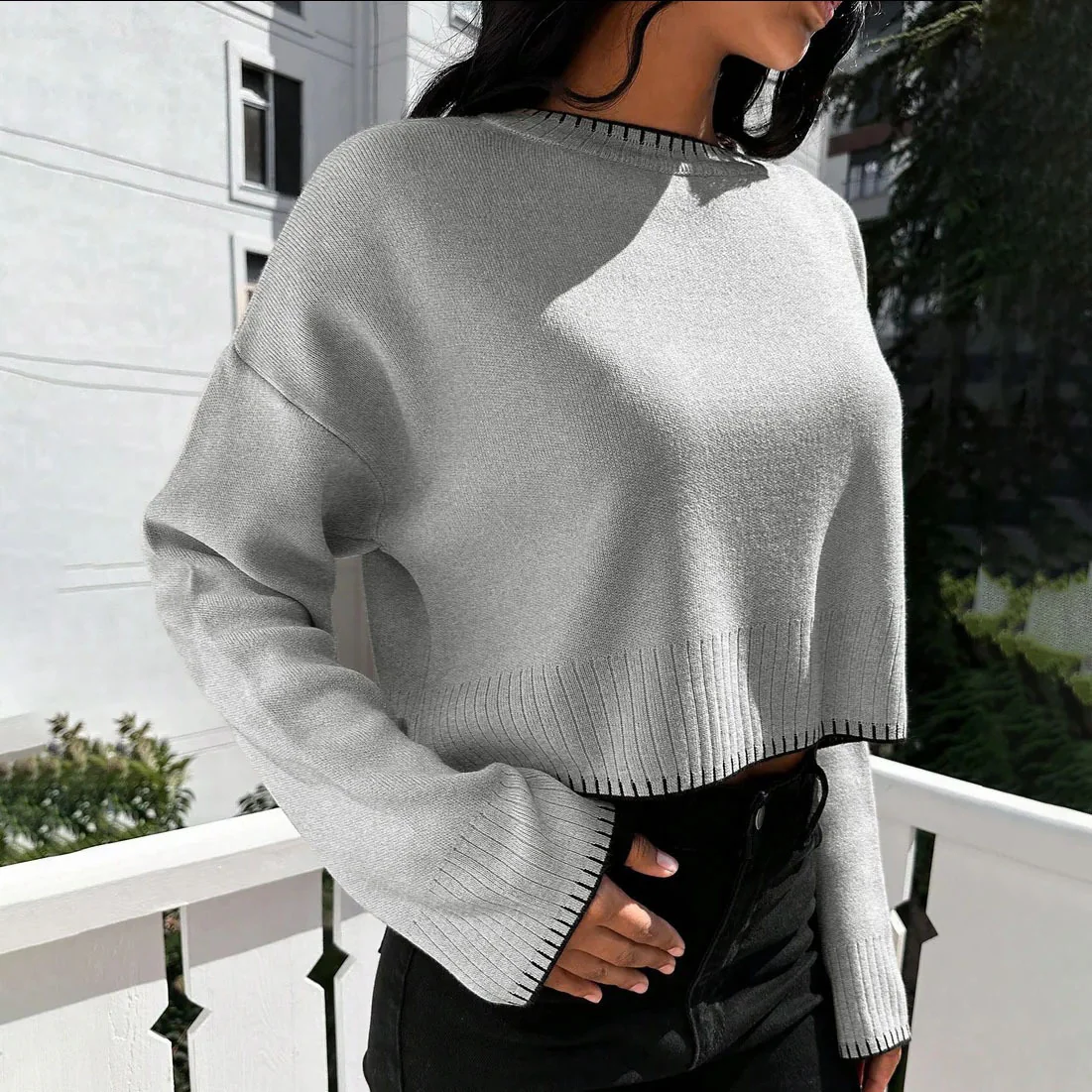 Damen lässiger Cropped Pullover mit feiner Rippstruktur und elastischem Bund Heidi-Mode - Image 3