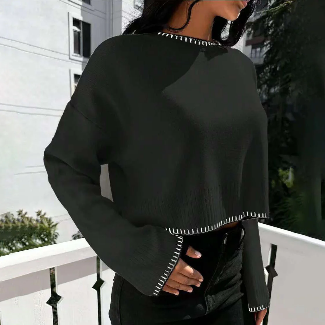 Damen lässiger Cropped Pullover mit feiner Rippstruktur und elastischem Bund Heidi-Mode - Image 4