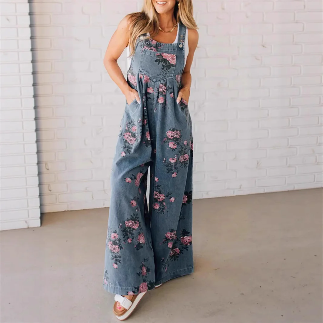 Damen Lässiger Denim-Hosenanzug mit floralem Print und weiten Beinen Heidi-Mode