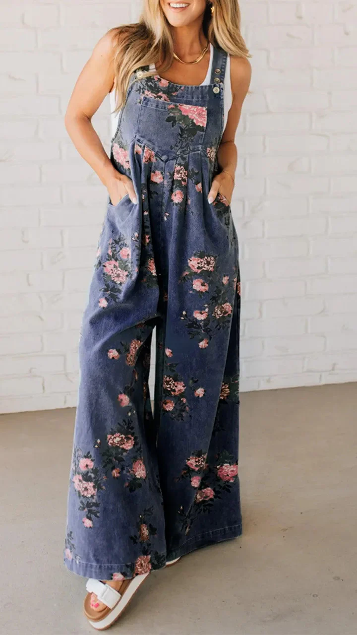Damen Lässiger Denim-Hosenanzug mit floralem Print und weiten Beinen Heidi-Mode - Image 2