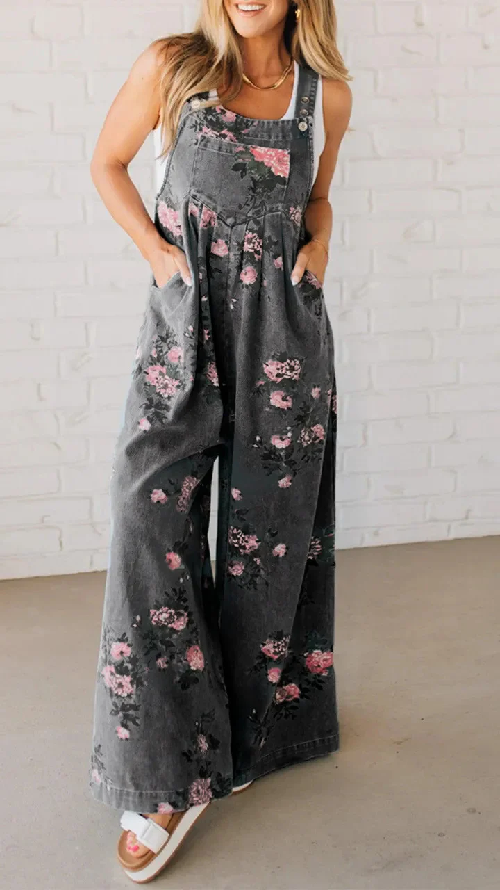 Damen Lässiger Denim-Hosenanzug mit floralem Print und weiten Beinen Heidi-Mode - Image 3