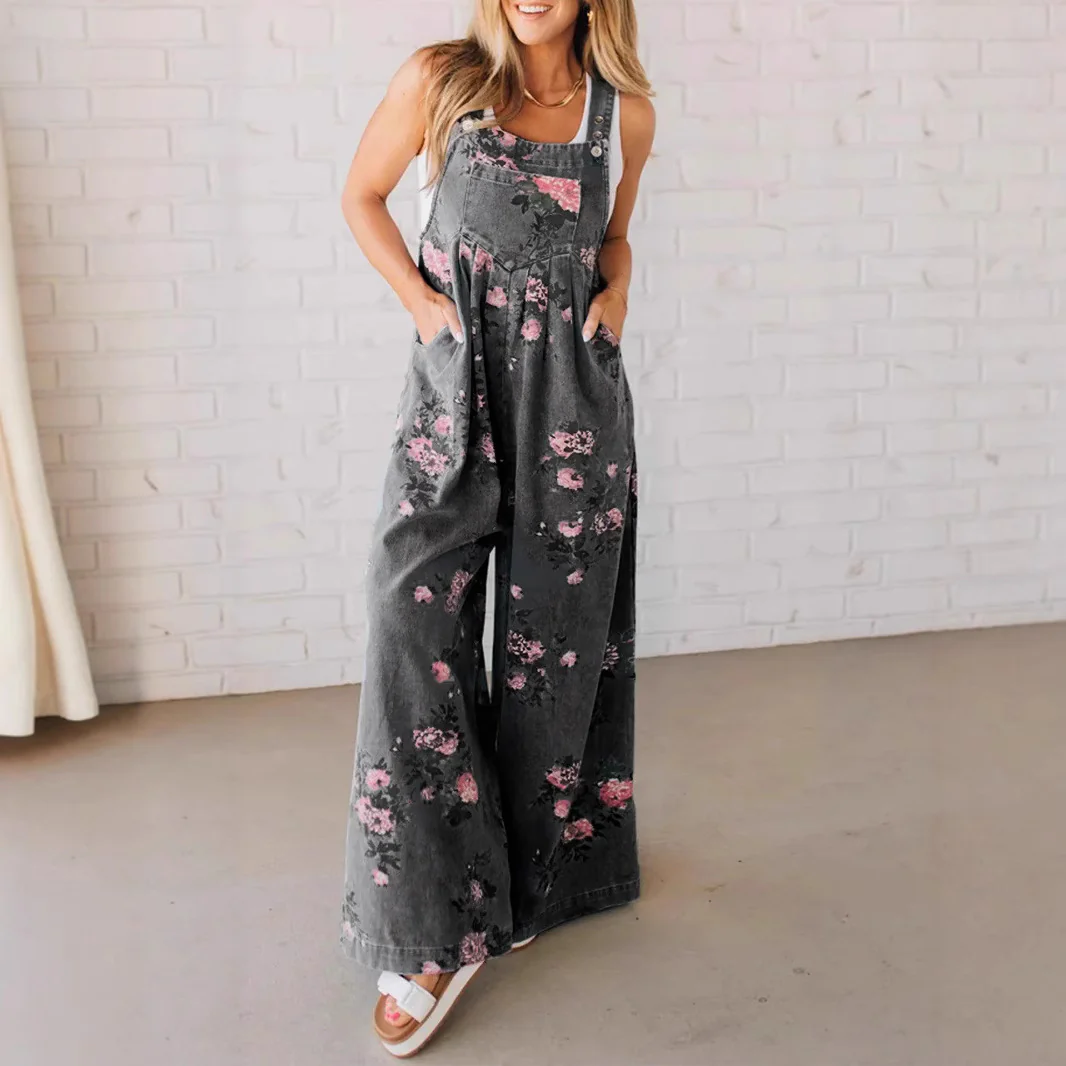 Damen Lässiger Denim-Hosenanzug mit floralem Print und weiten Beinen Heidi-Mode - Image 4