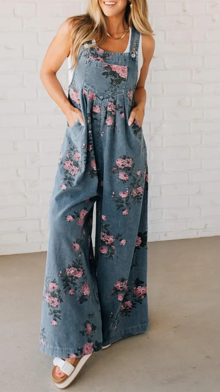 Damen Lässiger Denim-Hosenanzug mit floralem Print und weiten Beinen Heidi-Mode - Image 9