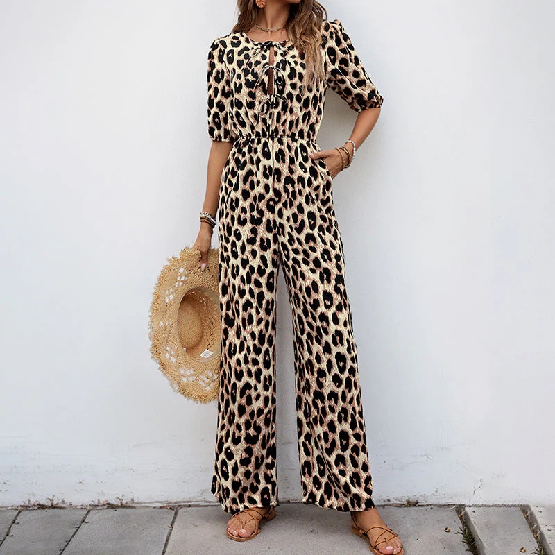 Damen Lässiger Jumpsuit mit Leo-Muster und Schulterfreien Puffärmeln Heidi-Mode