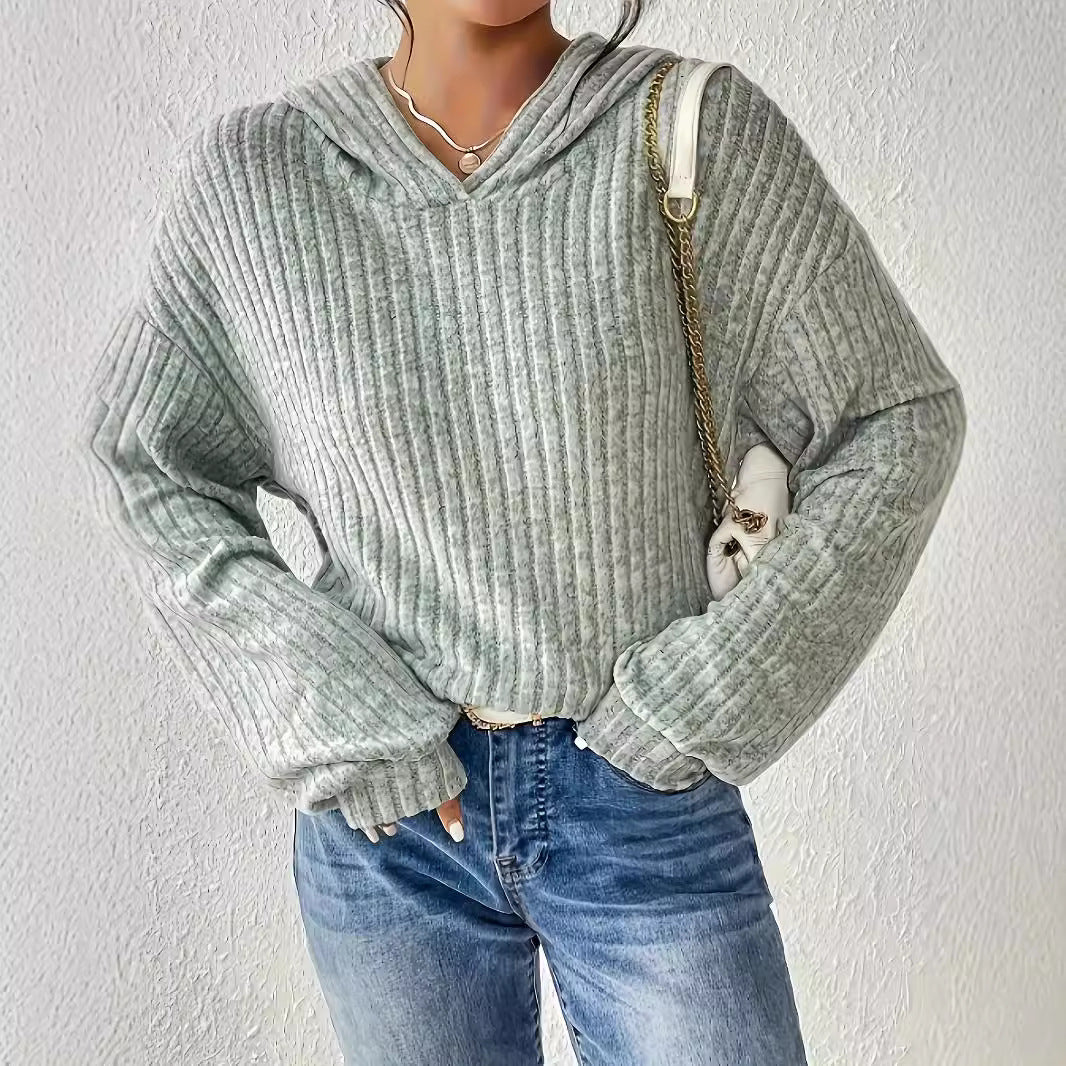 Damen Lässiger Kapuzenpullover mit Stilvollem Rippmuster und Überschnittenen Ärmeln Heidi-Mode - Image 2