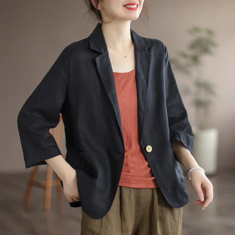 Damen Lässiger Leinenblazer mit breiten Ärmeln und Knopfverschluss Heidi-Mode - Image 3