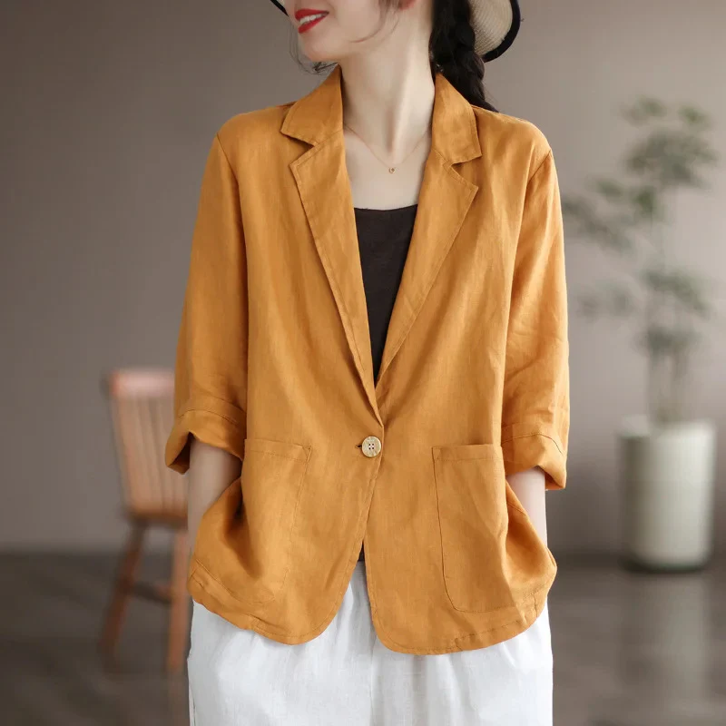 Damen Lässiger Leinenblazer mit breiten Ärmeln und Knopfverschluss Heidi-Mode - Image 4