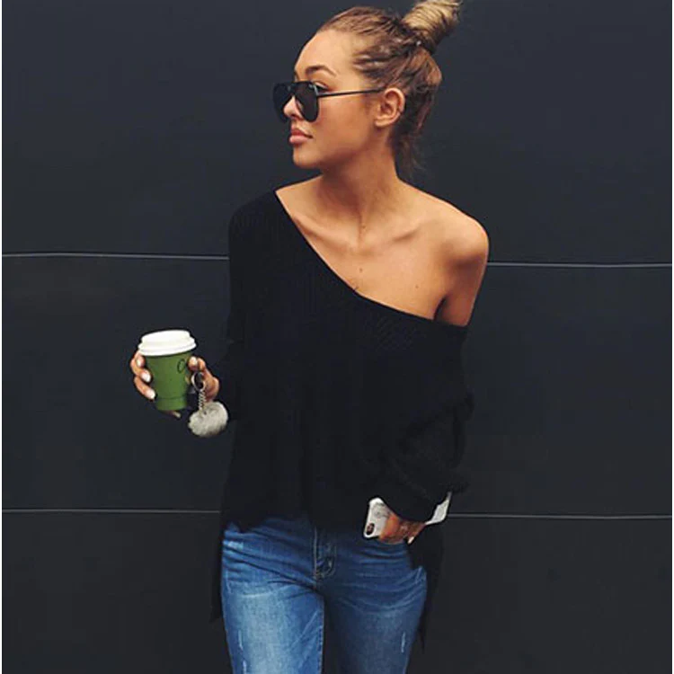 Damen lässiger Oversized Pullover mit asymmetrischem Schnitt und tiefem Rundhalsausschnitt Heidi-Mode - Image 2