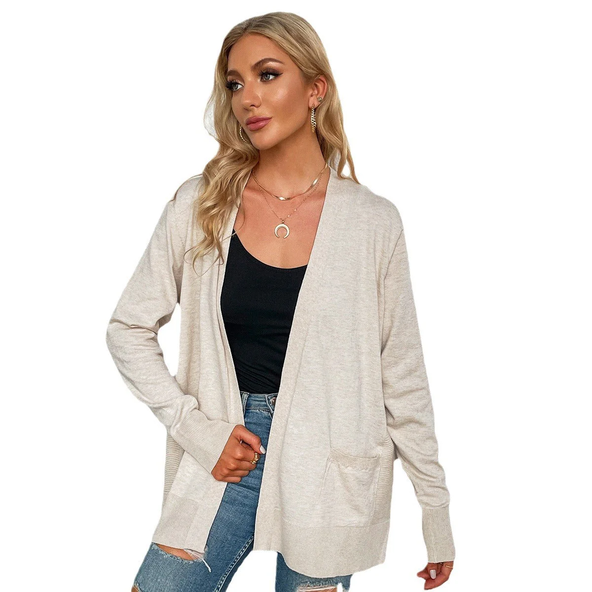 Damen Lässiger Strickcardigan mit Tiefem V-Ausschnitt und Praktischen Taschen Heidi-Mode - Image 5