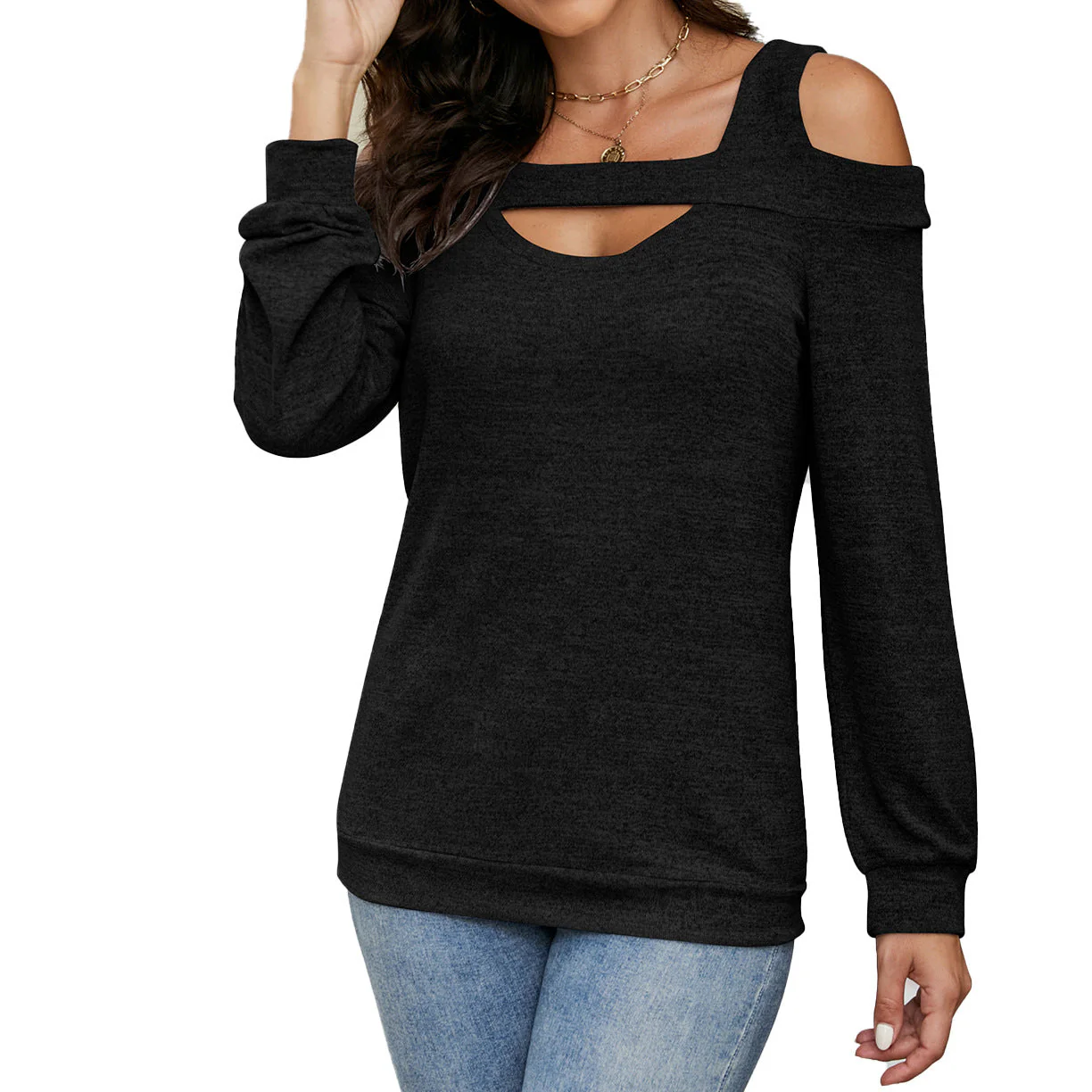 Damen Lässiges Cold-Shoulder Sweatshirt mit Tiefem Ausschnitt und Ballonärmeln Heidi-Mode - Image 6